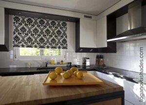 Black and white patterned Roman Shades in kitchen birmingham