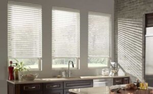 White 2 faux wood blinds in kitchen with dark cabinets birmingham al